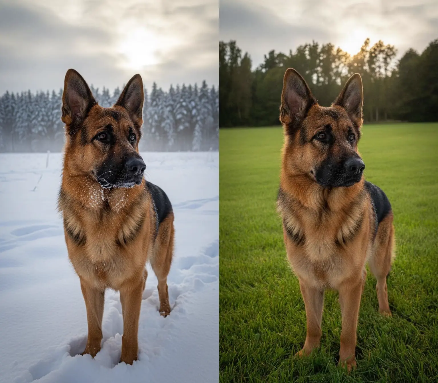 同一只犬在雪地和草地场景中的对比